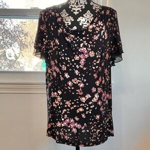 Elle Black & Purple Floral Draped Neck Short Flutter Sleeve Top Size 1X